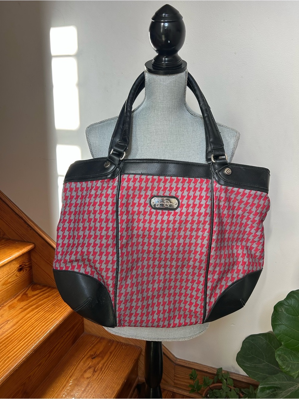 Women's Red Houndstooth Tote Bag with Black Trim Jessica Simpson